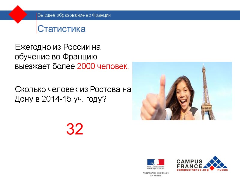 Статистика Ежегодно из России на обучение во Францию выезжает более 2000 человек.  Сколько